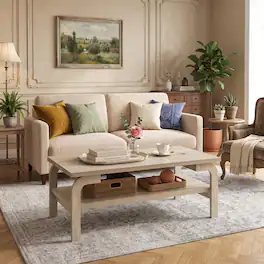 WELLFOR - 47 Inches Accent Rectangular Coffee Table with Open Shelf, 2-Tier Modern Center Table for Living Room - Natural