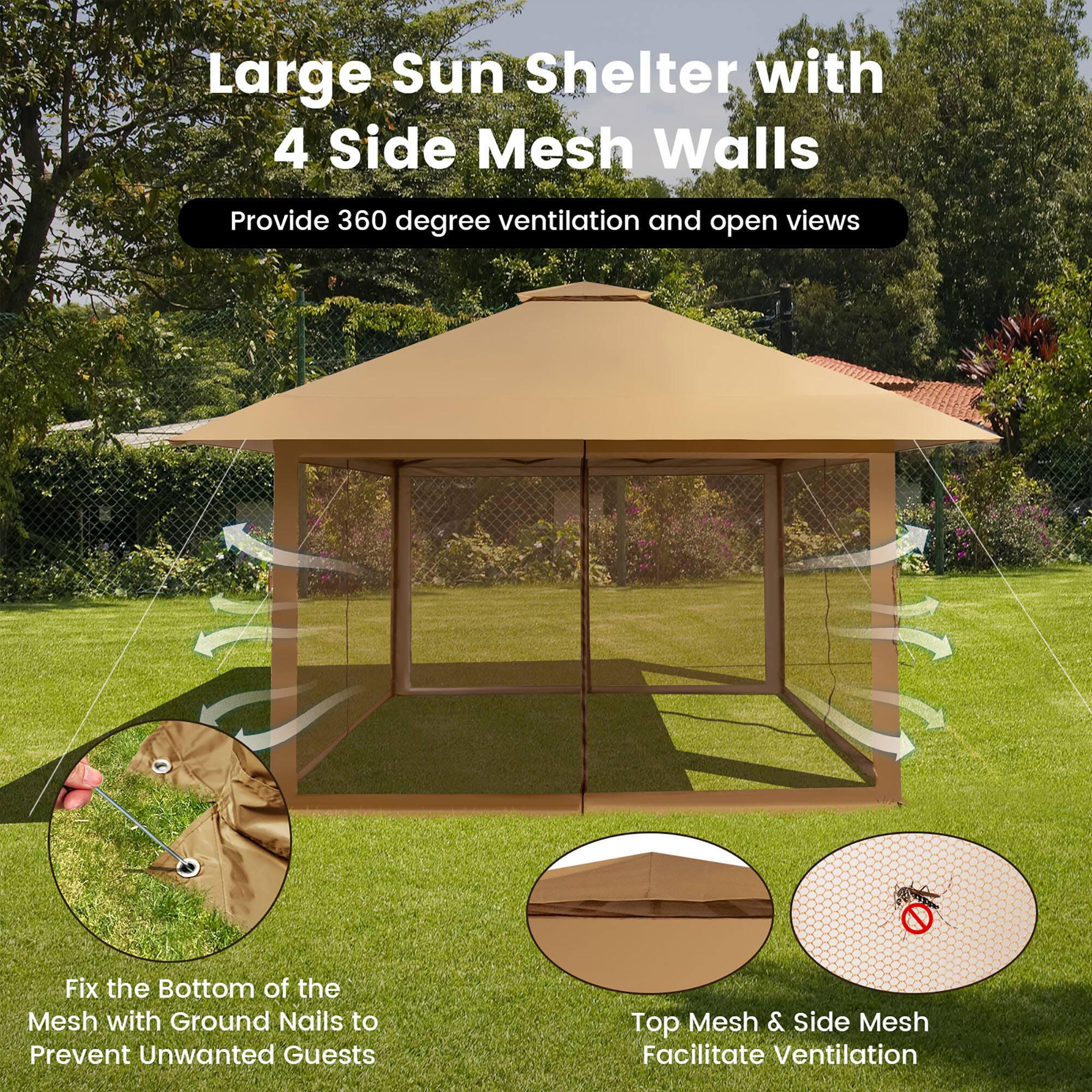 Large Sun Shelter with 4 Side Mesh Walls  
Provide 360 degree ventilation and open views  

Fix the Bottom of the Mesh with Ground Nails to Prevent Unwanted Guests  

Top Mesh & Side Mesh Facilitate Ventilation