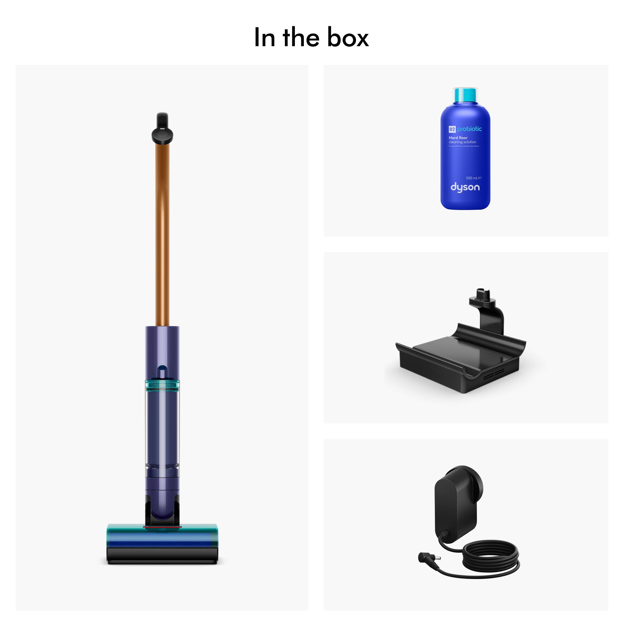 In the box:

- A Dyson
- A bottle of antibacterial hand sanitizer
- A charging base
- A power cord