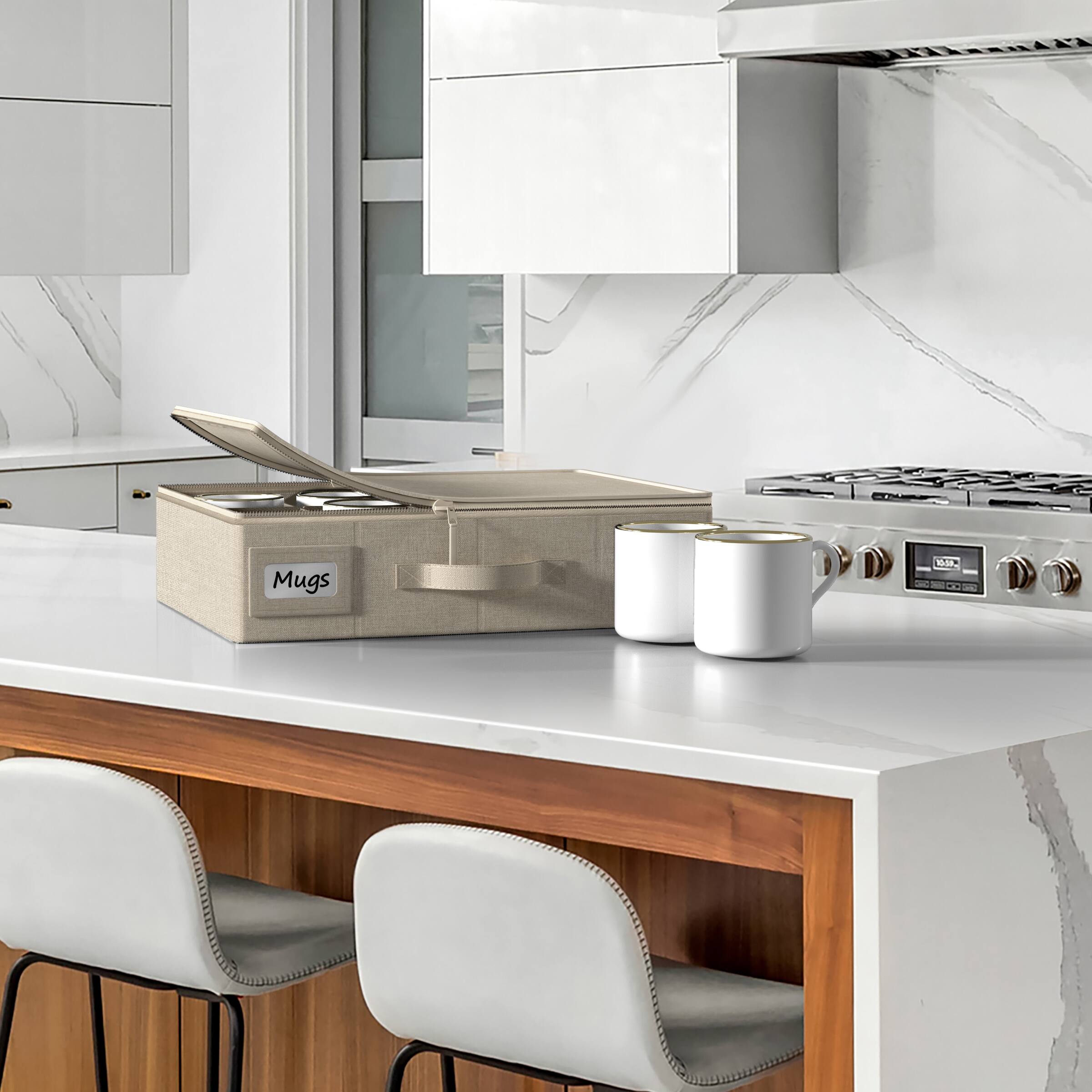 Angle. Sorbus - Sorbus Hard Shell Coffee Mug Storage Case - Stylish & Protective Storage for 12 Mugs/Glassware, Compact Design - Beige.