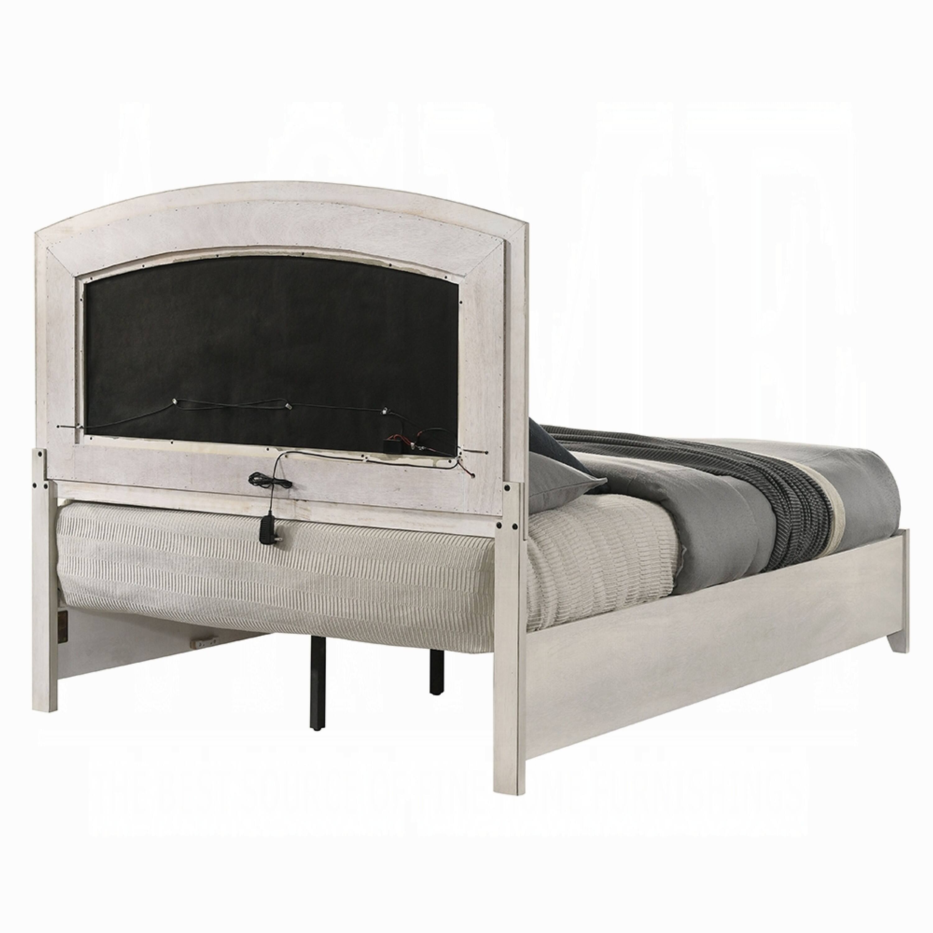 Alt View 3. Manhattan Lane - Remy Queen Size Bed with LED Headboard, 2 Bottom Drawers - Antique White.