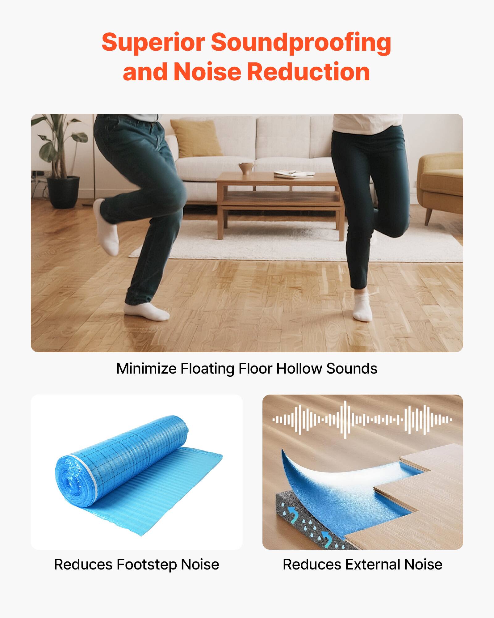 Superior Soundproofing and Noise Reduction  
Minimize Floating Floor Hollow Sounds  
Reduces Footstep Noise  
Reduces External Noise