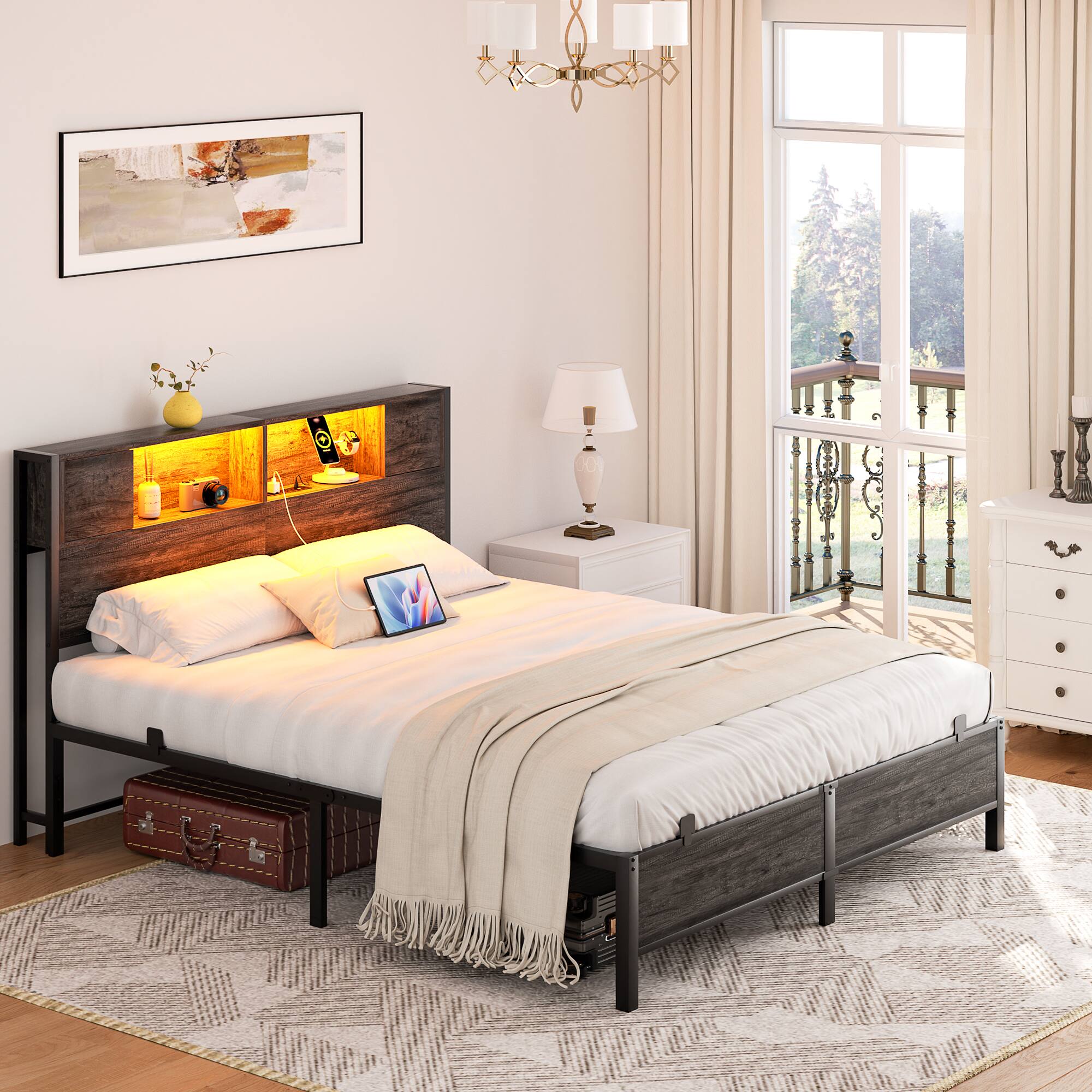 Alt View 2. Aheaplus - Industrial Metal Bed Frame: Storage Headboard / Charging, LED Lights, Steel Slats, No Box Spring, Easy Assembly - Black Oak.