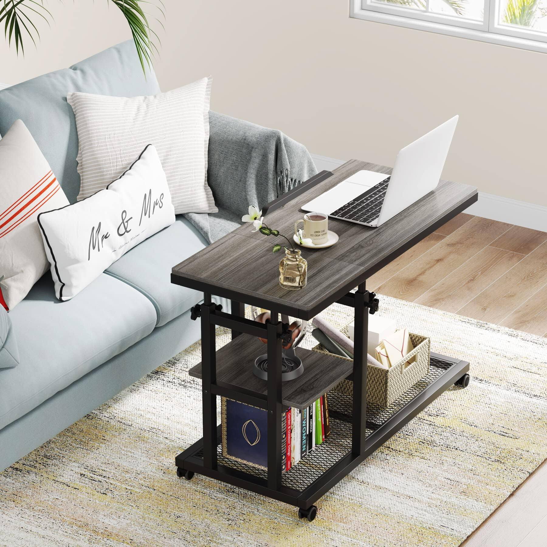 Alt View 6. Tribesigns - Height-Adjustable C-Shaped Mobile Laptop Desk with Wheels and Tilting Top for Sofa or Bedside - Grey+black.