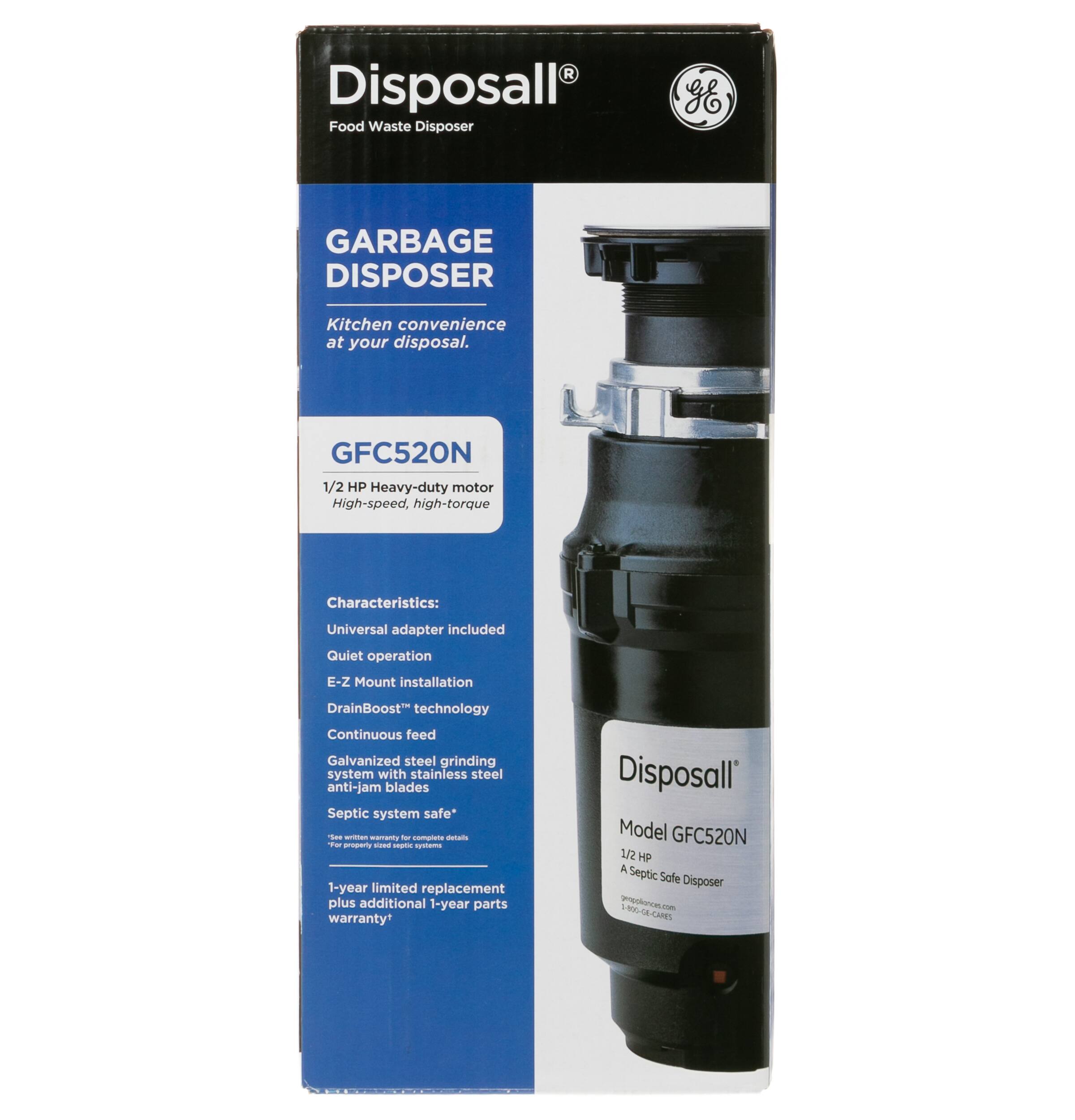Disposall Food Waste Disposer GFC520N 1/2 HP Heavy-duty motor High-speed, high-torque Universal adapter included Quiet operation E-Z Mount installation DrainBoost technology Continuous feed Galvanized steel grinding system with stainless steel anti-jam blades Septic system safe 1-year limited replacement plus additional 1-year parts warranty+ Disposall Model GFC520N 1/2 HP A Septic Safe Disposer