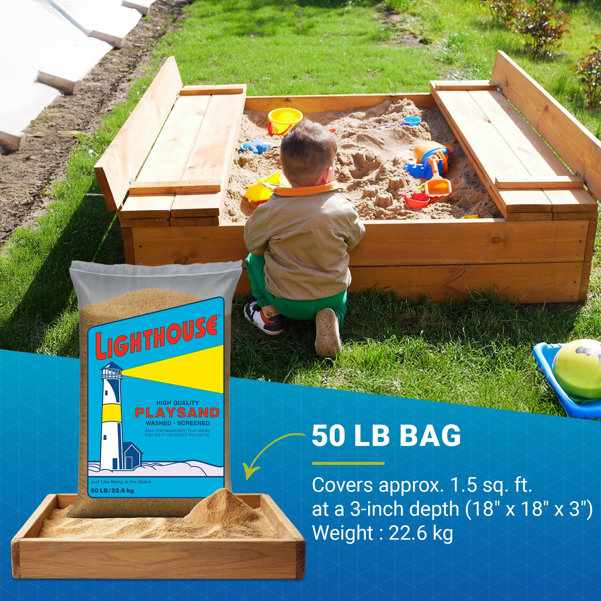 Lighthouse High Quality Playsand Washed Screened - CA HOA A MCAL 460 MenSel Prulta 50 LB Bag Just Like Being at the Beach 50 LB / 22.6 kg

50 LB BAG
Covers approx. 1.5 sq. ft. at a 3-inch depth (18" x 18" x 3")
Weight: 22.6 kg
