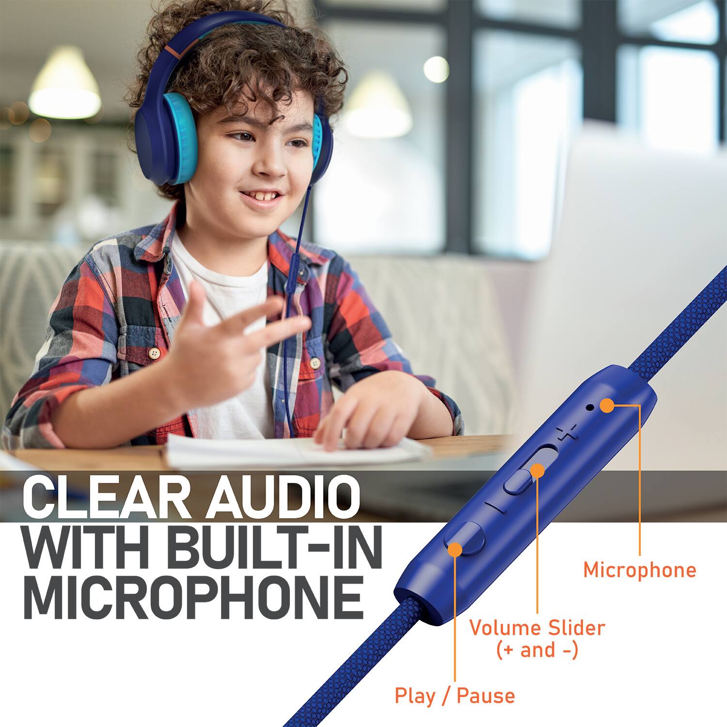WITH CLEAR AUDIO WITH BUILT-IN MICROPHONE Volume Slider (+ and -) Play / Pause