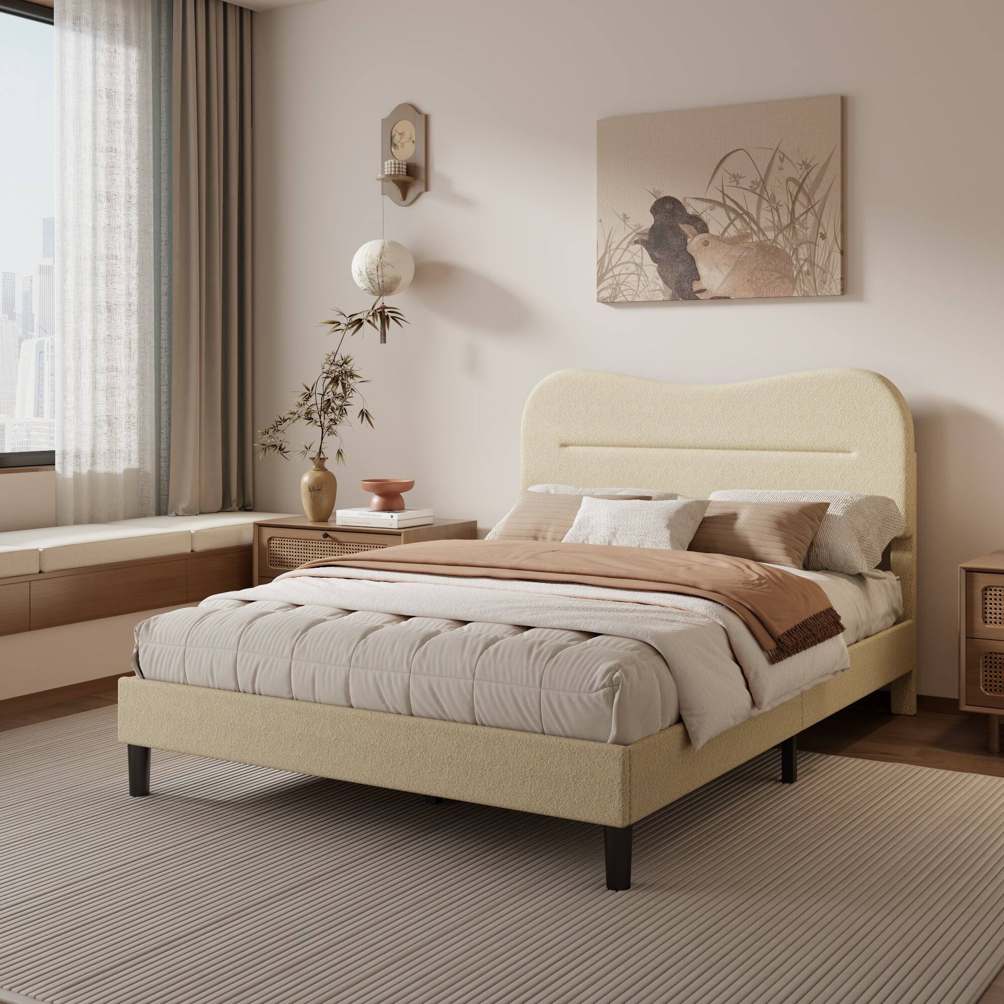 Front. Furnulem - Bed Frame With Teddy Velvet Soft Curved Headboard Platform Bed With Wooden Slats Support - Beige.