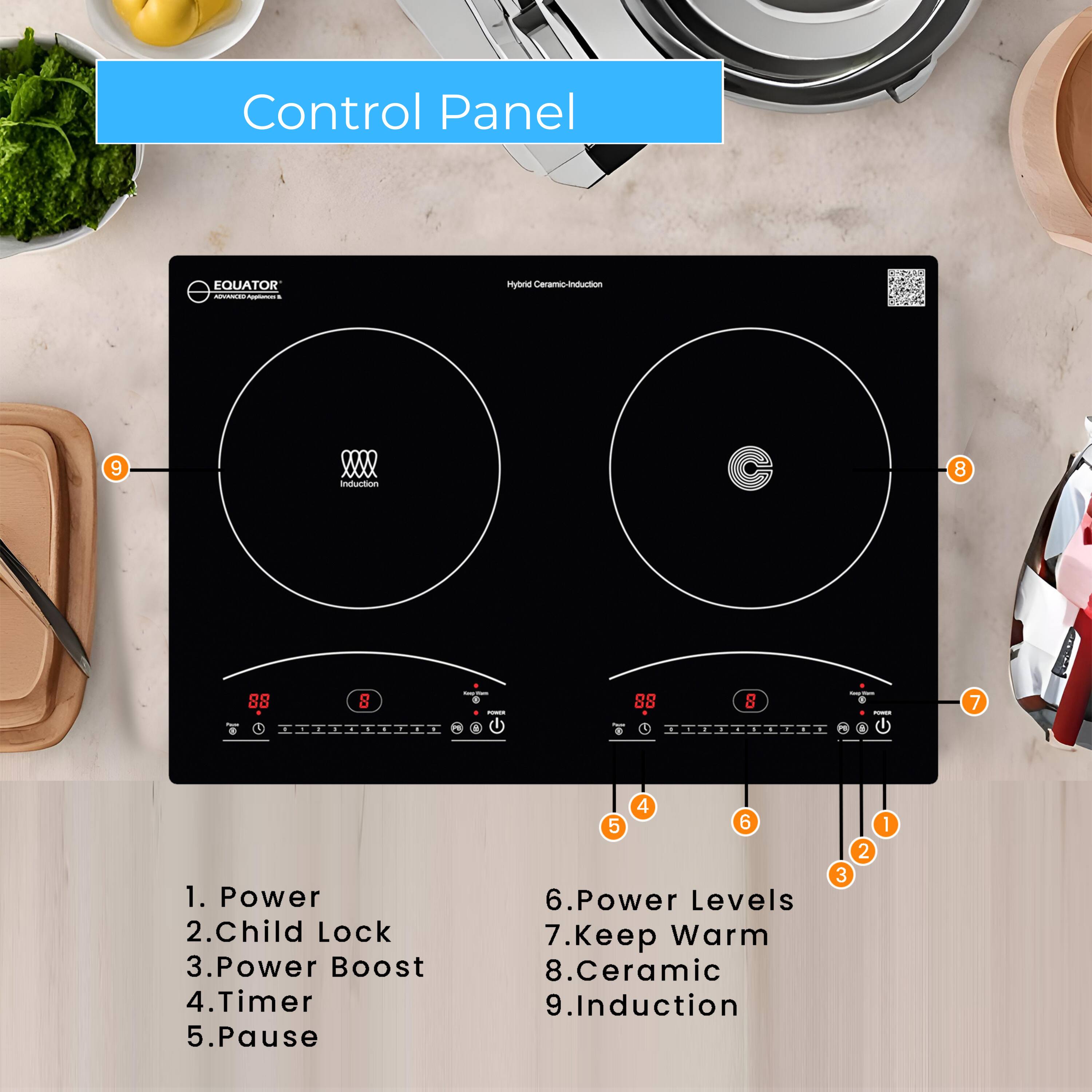 Control Panel

1. Power  
2. Child Lock  
3. Power Boost  
4. Timer  
5. Pause  
6. Power Levels  
7. Keep Warm  
8. Ceramic  
9. Induction