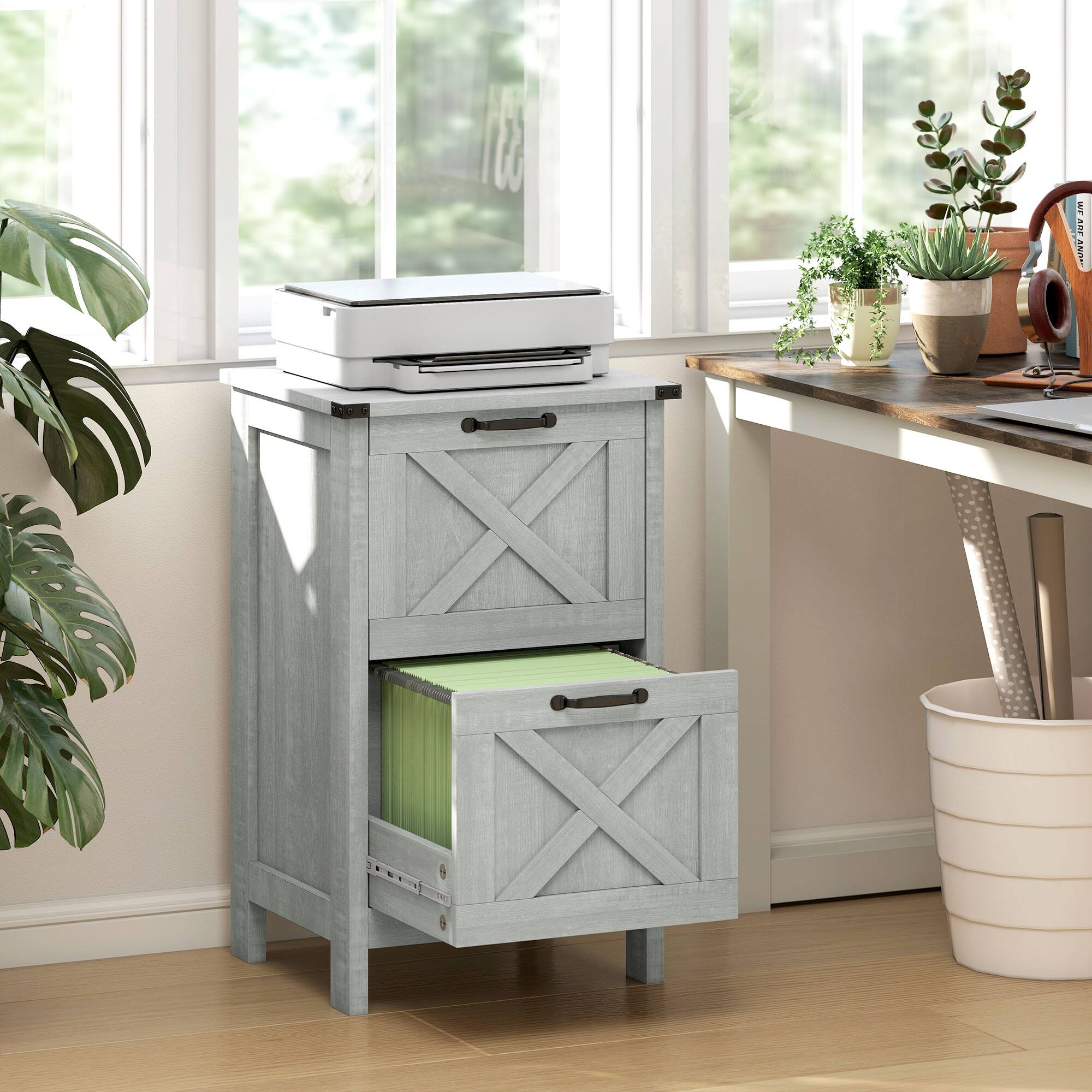 Alt View 8. Homcom - File Cabinet with 2 Drawers, Rustic Farmhouse Office Storage Cabinet for A4, Letter Size - Light Gray.