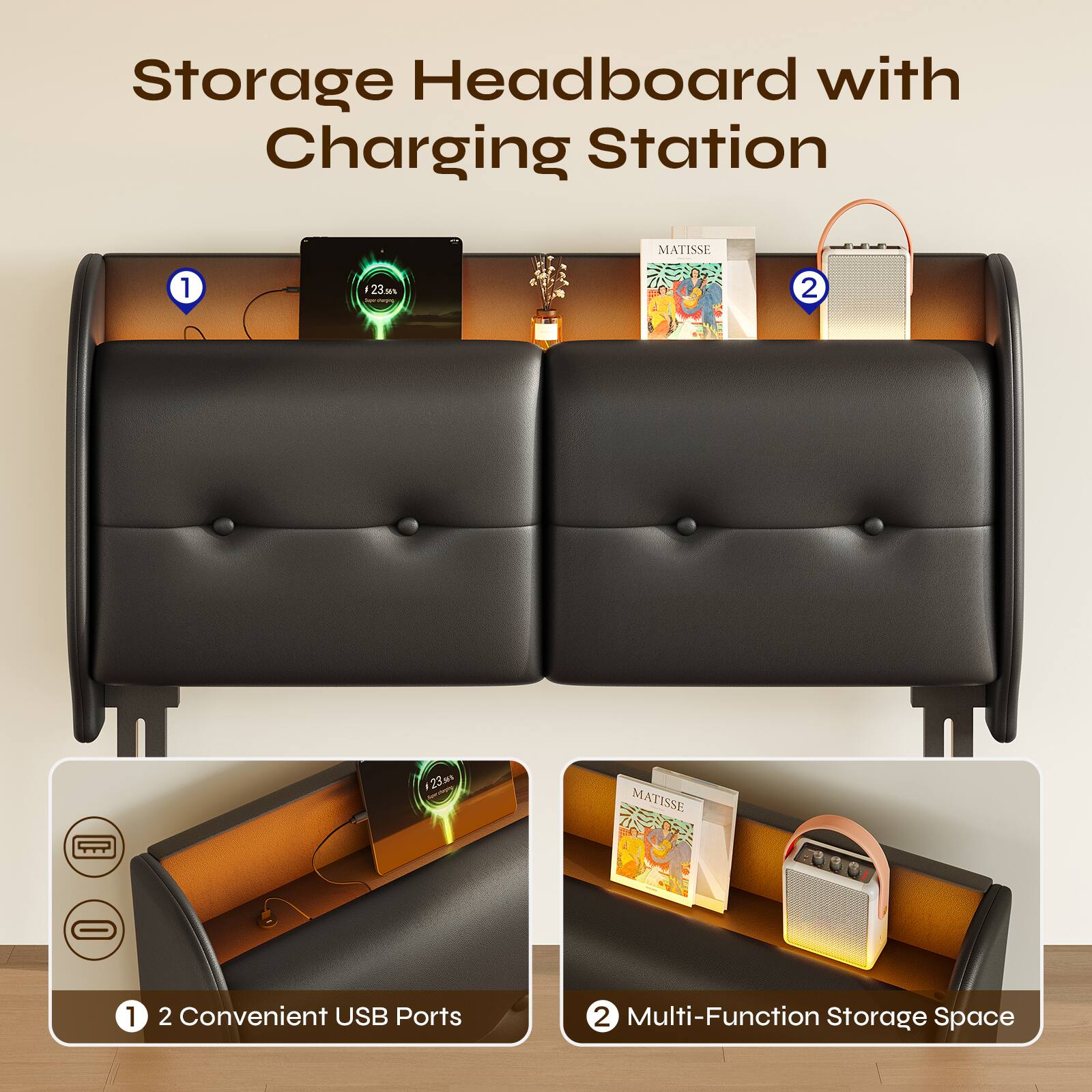 Storage Headboard with Charging Station

1. 2 Convenient USB Ports
2. Multi-Function Storage Space