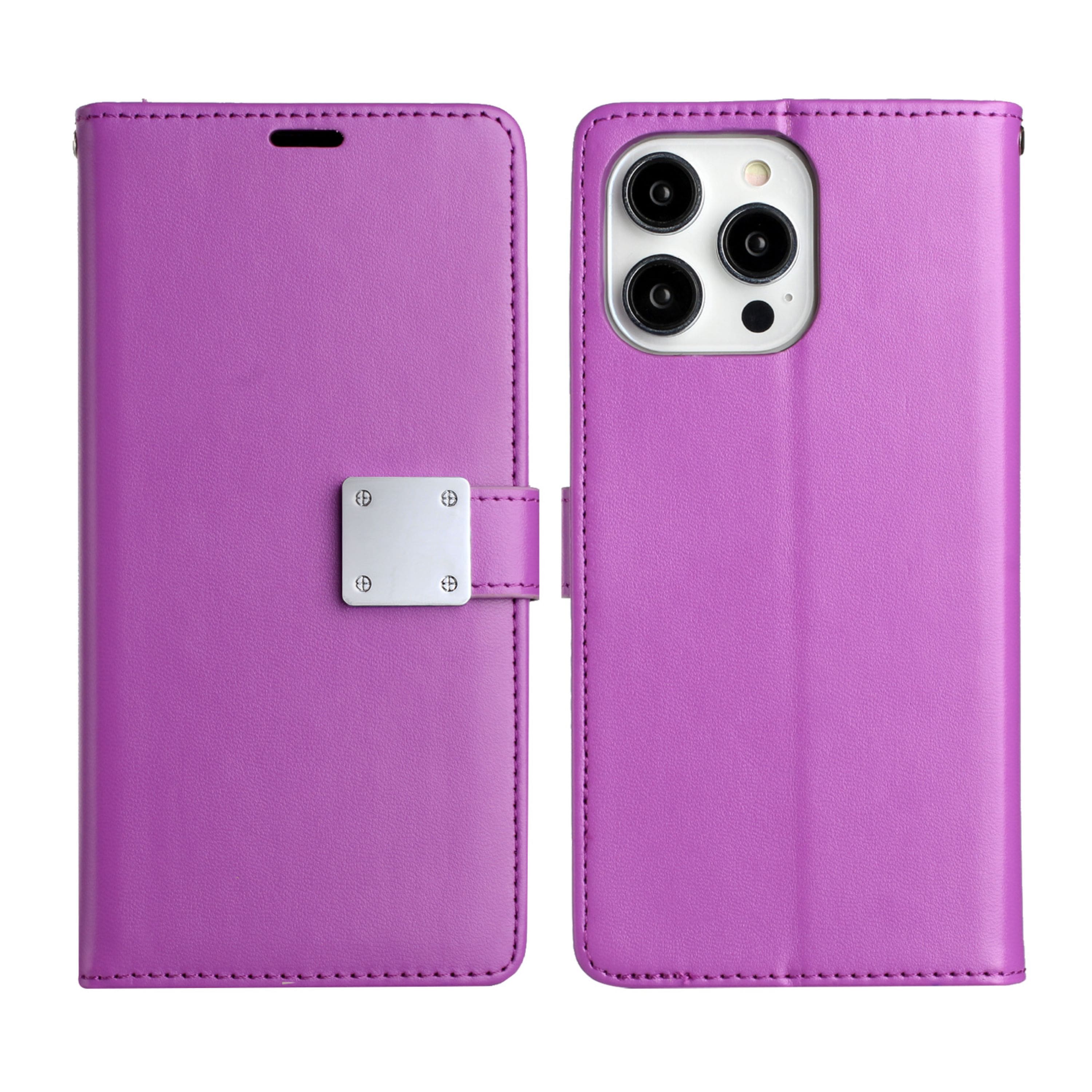 Kitcheniva - PU Leather Phone Wallet Case With Wrist Strap For iPhone 14 Pro Max - Dark Purple