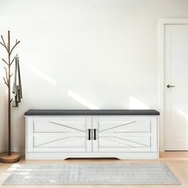 Ropilly - Farmhouse Shoe Bench with Padded Seat Cushion and Barn Doors Storage Entryway Bench - White
