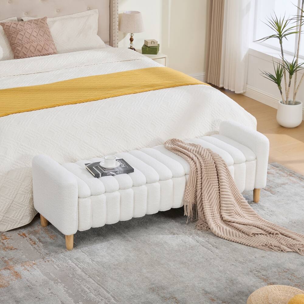 Front. Ropilly - Ropilly Modern Upholstered End of Bed Bench Teddy Fabric Flip Top Storage Bench with Armrests Ivory - Ivory.
