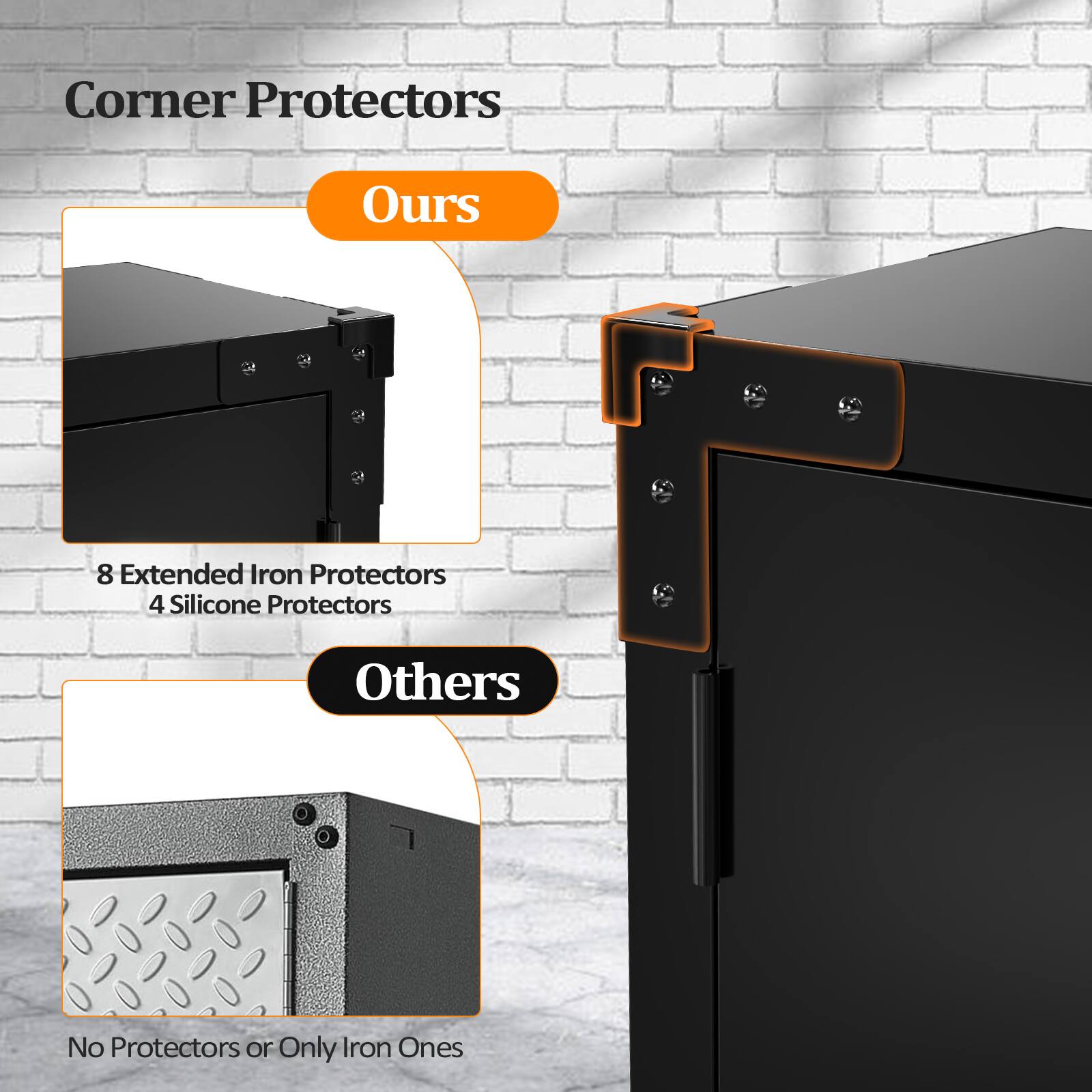 Corner Protectors

Ours
- 8 Extended Iron Protectors
- 4 Silicone Protectors

Others
- No Protectors or Only Iron Ones
