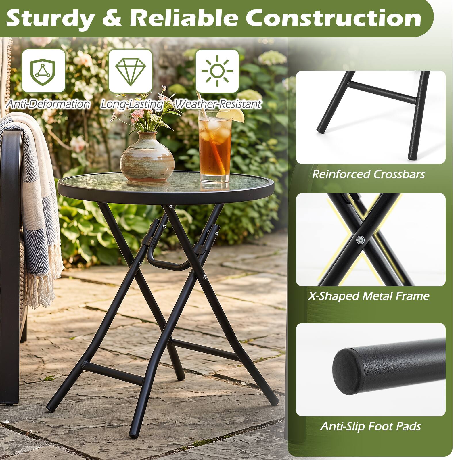 Sturdy & Reliable Construction

- Anti-Deformation
- Long-Lasting
- Weather-Resistant

- Reinforced Crossbars
- X-Shaped Metal Frame
- Anti-Slip Foot Pads