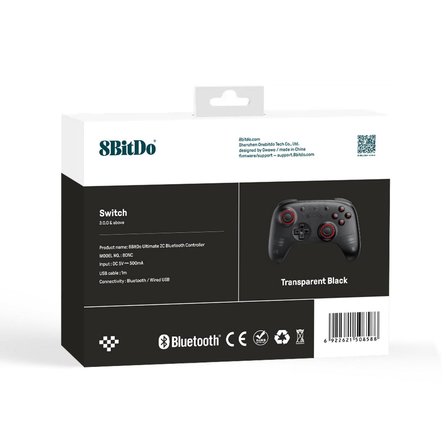 8BitDo  
Roitdo.com  
Shenzhen Onebitdo Tech Co., Ltd.  
designed by Gwowa / made in China  
firmware/support - support.8bitdo.com  

Switch  
3.0.0 & above  

Product name: 8BitDo Ultimate 2C Bluetooth Controller  
MODEL NO. 80NC  
Input: DC 5V ~ 500mA  
USB cable: 1m  
Connectivity: Bluetooth / Wired USB  

Transparent Black  

Bluetooth  
CE  
RoHS  
WEEE  

6 922621 508588