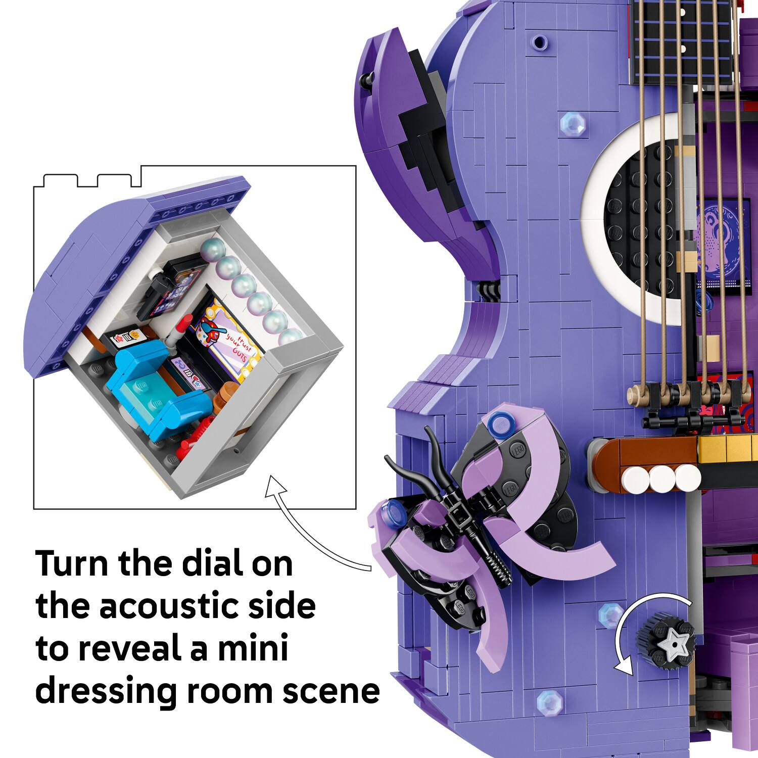 Turn the dial on the acoustic side to reveal a mini dressing room scene