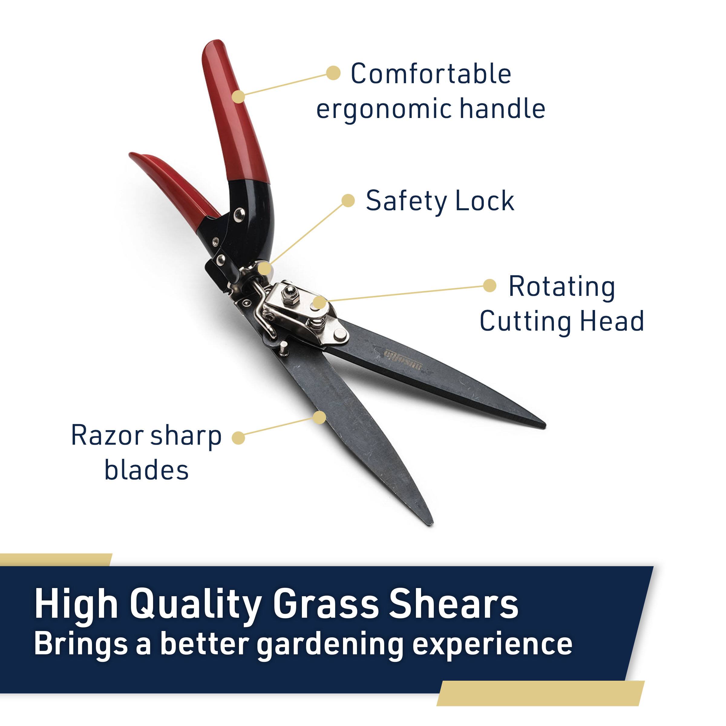 Comfortable ergonomic handle  
Safety Lock  
Rotating Cutting Head  
Razor sharp blades  

High Quality Grass Shears  
Brings a better gardening experience