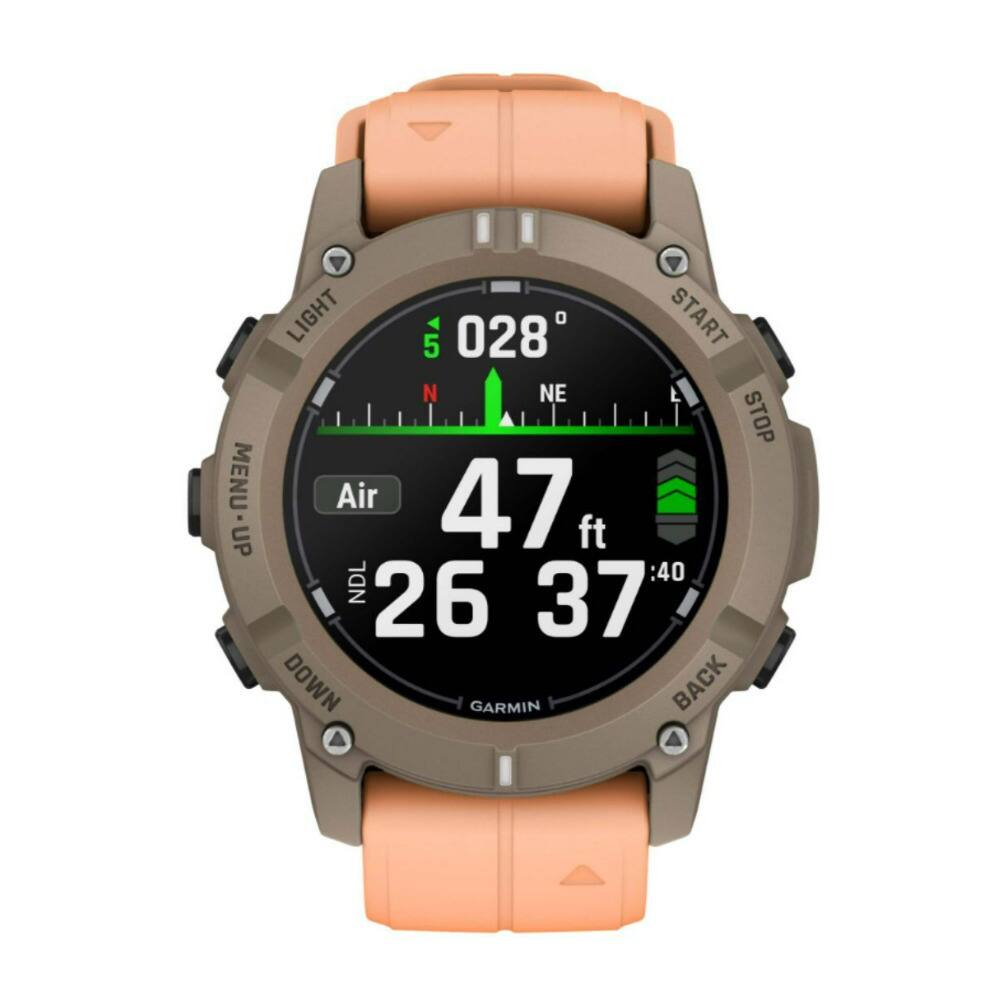 The text on the image reads: "Light 5 028 0 START N NE STOP MENU Air 47 ft :40 NDL 26 37 DOWN GARMIN BACK."