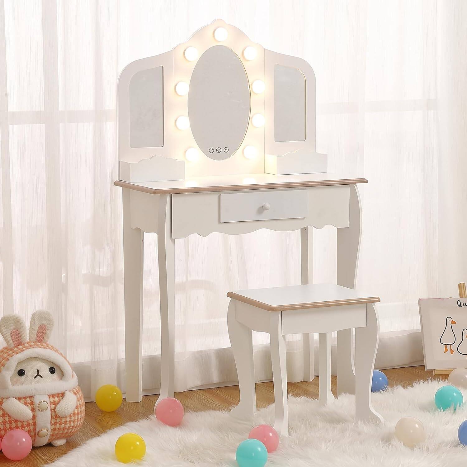 Acekool - Kids Vanity Table & Stool (3-9 Yrs Girls) - Lighted Tri-Fold Mirror, Drawer & Storage Grid for Kids Makeup - White