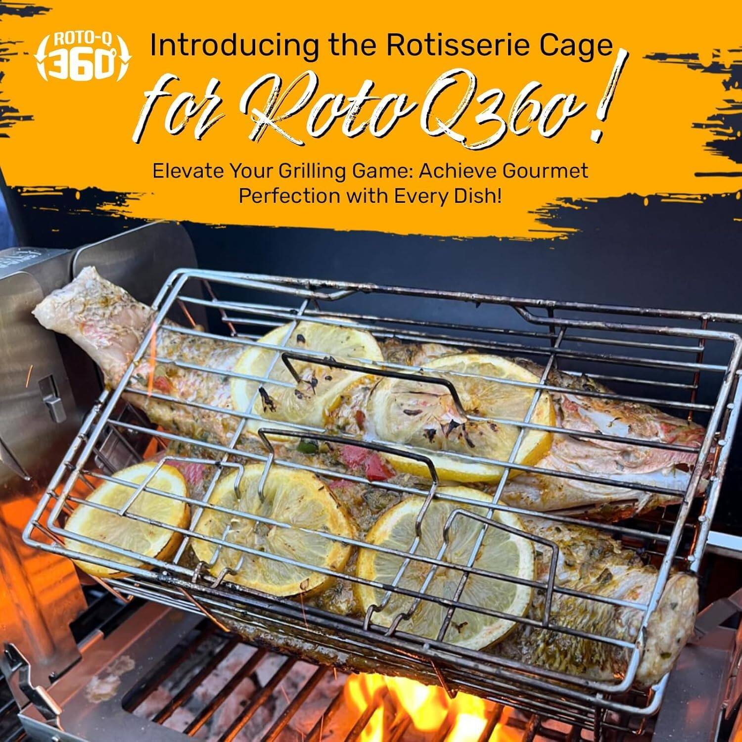 Introducing the Rotisserie Cage for Roto Q360!  
Elevate Your Grilling Game: Achieve Gourmet Perfection with Every Dish!