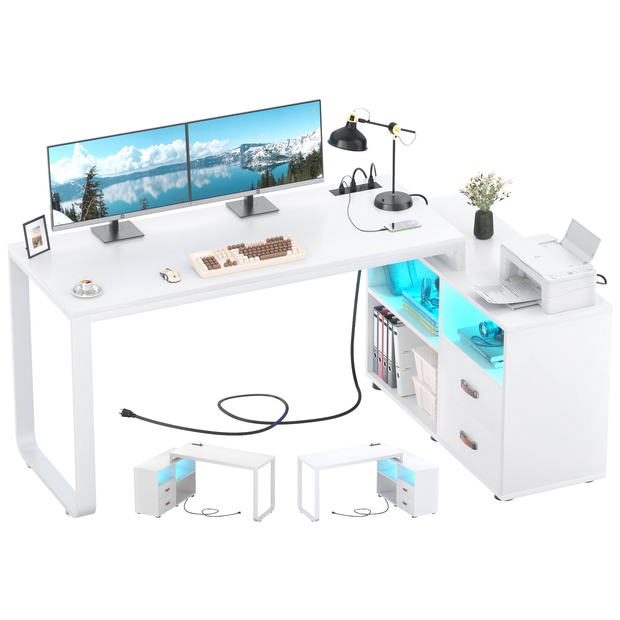 Alt View 2. Aheaplus - Reversible L-Shaped Computer Desk with Drawers and Cabinet, Gaming Desk with Power Outlets and LED Lights - White.