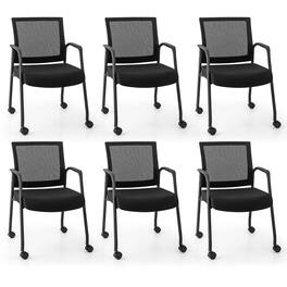 Gymax - 6 Pcs Office Guest Chairs on Wheels w/ Metal Frame & Armrests Mesh Back Office - Black