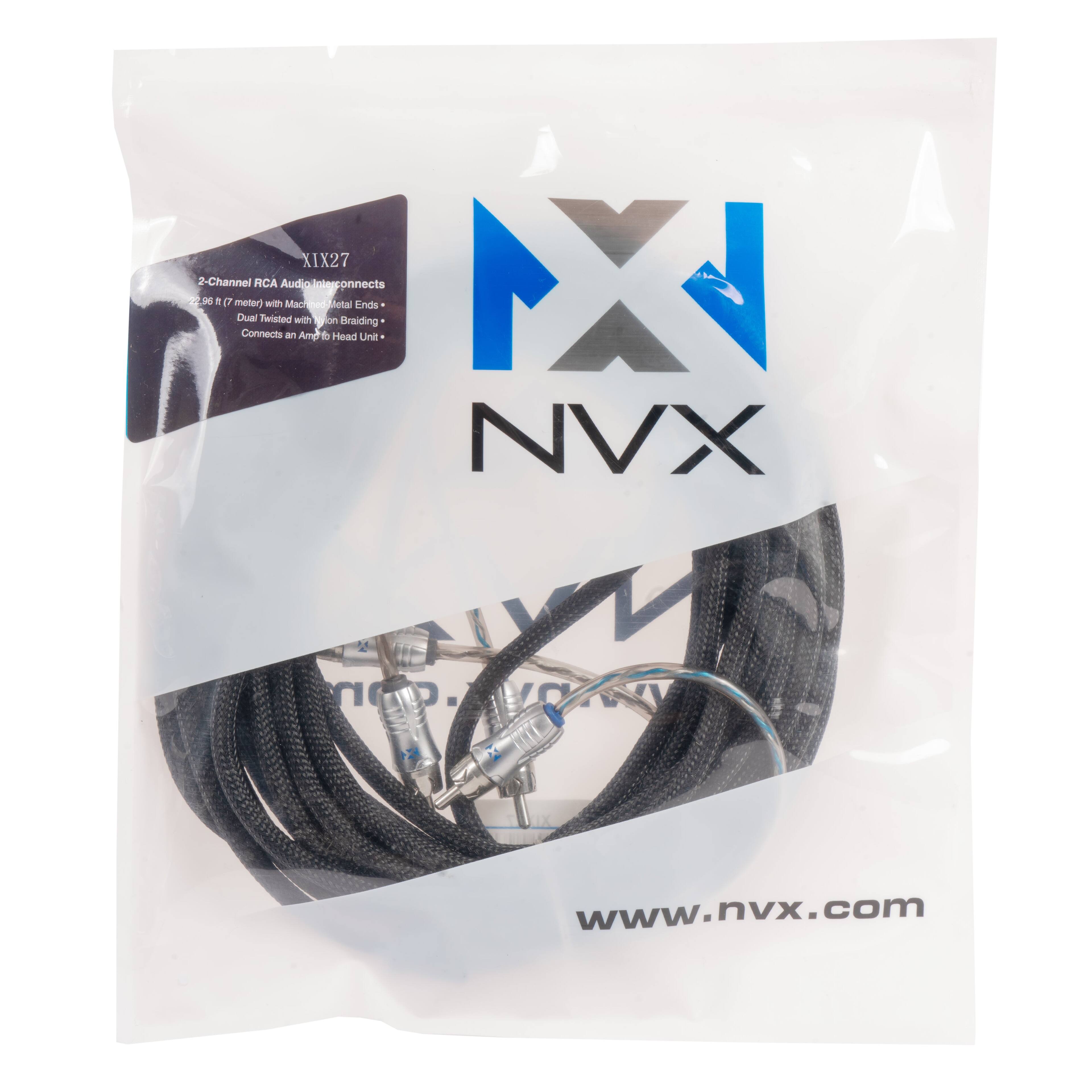 XIX27 2-Channel RCA Audio Interconnects  
2.29 m (7 ft) with Macaroni Metal Ends  
Dual Twisted with Silver Braiding  
Connects an Amp to Head Unit  

www.nvx.com