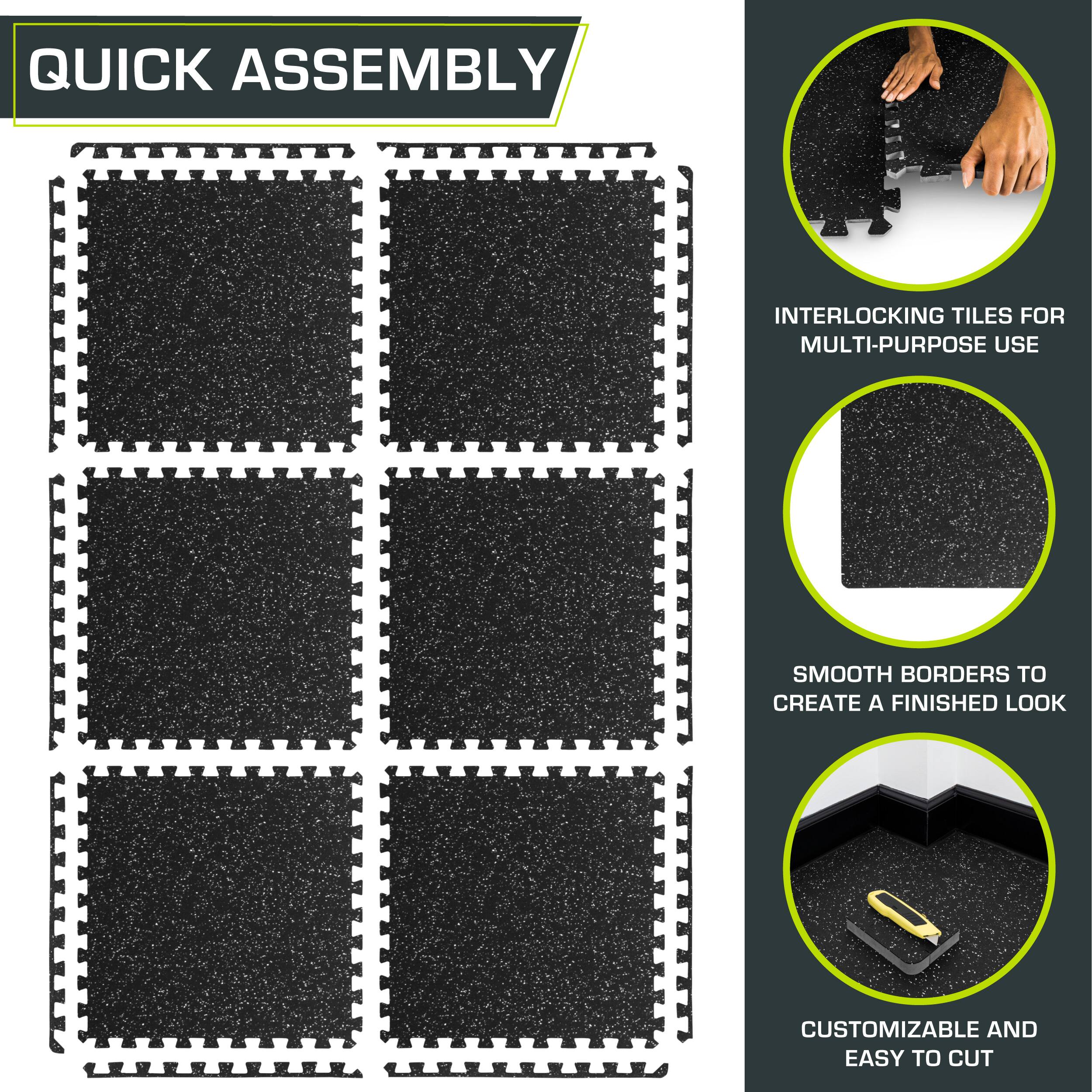 Quick Assembly Interlocking Tiles for Multi-Purpose Use. Smooth Borders to Create a Finished Look. Customizable and Easy to Cut.