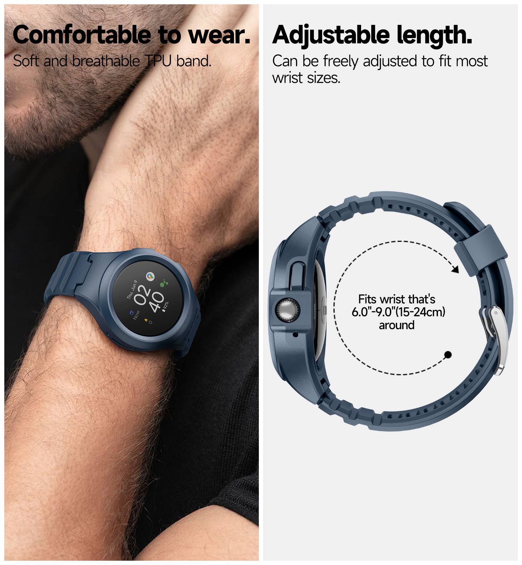Comfortable to wear.  
Soft and breathable TPU band.  

Adjustable length.  
Can be freely adjusted to fit most wrist sizes.  

Fits wrist that's 6.0"-9.0" (15-24cm) around