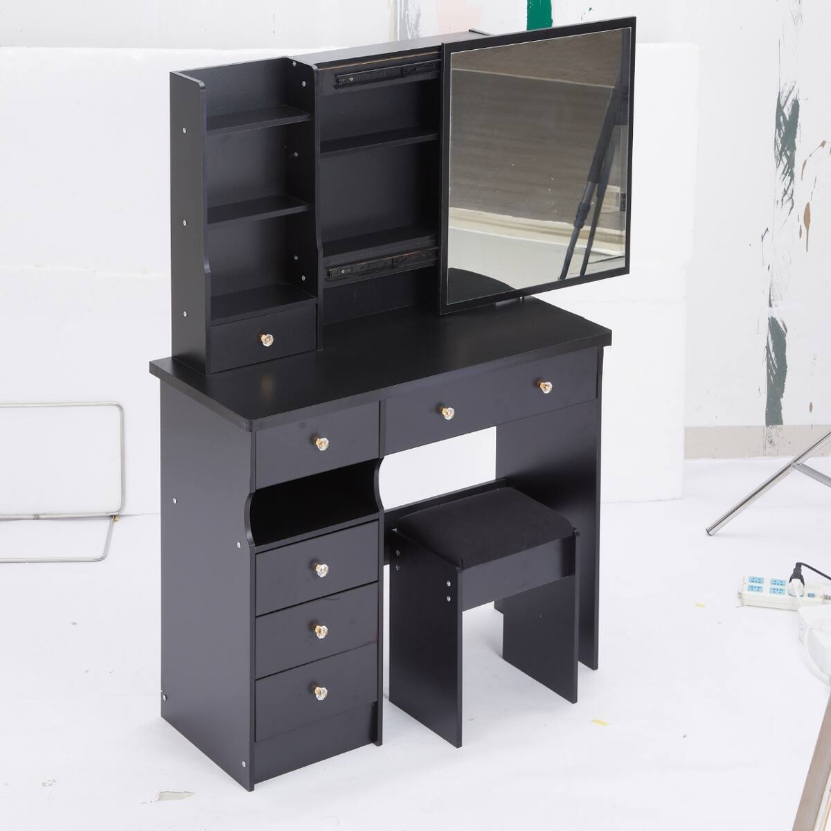 Alt View 3. Loheer - Loheer 37 inch makeup vanity table, black with sliding mirror and cushioned stool - Black.