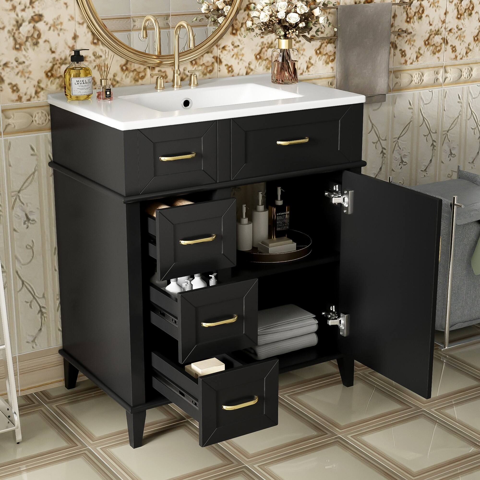Ecooso - 30" Bathroom Vanity with Ceramic Sink, 3 Soft-Close Drawers, Adjustable Shelf, Freestanding Cabinet - Black