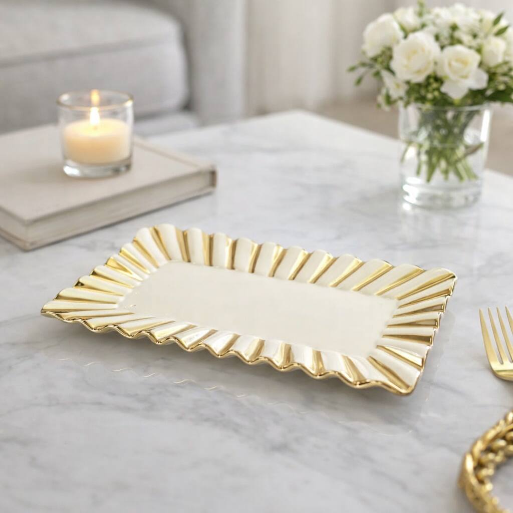 Angle. Jiallo - 10" Rectanglar Ceramic Plate with Gold Ray Border - White.