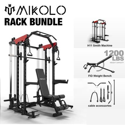 MIKOLC RACK BUNDLE
H11 Smith Machine
1200 LBS WEIGHT CAPACITY
FID Weight Bench
cable accessories