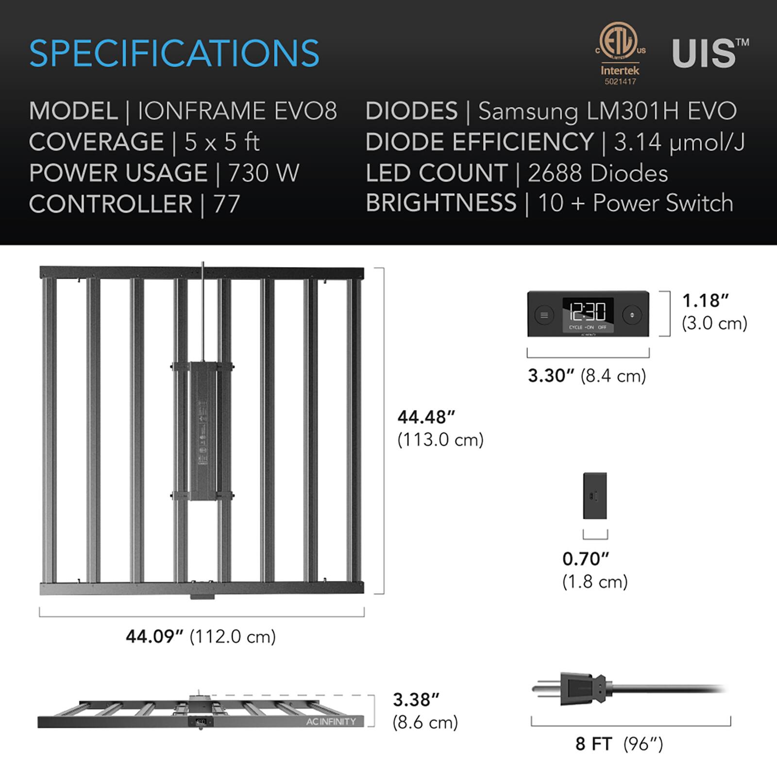 SPECIFICATIONS  
MODEL | IONFRAME EVO8  
COVERAGE | 5 x 5 ft  
POWER USAGE | 730 W  
CONTROLLER | 77  
DIODES | Samsung LM301H EVO  
DIODE EFFICIENCY | 3.14 µmol/J  
LED COUNT | 2688 Diodes  
BRIGHTNESS | 10 + Power Switch  

1.18" (3.0 cm)  
3.30" (8.4 cm)  
44.48" (113.0 cm)  
0.70" (1.8 cm)  
44.09" (112.0 cm)  
3.38" (8.6 cm)  
8 FT (96")
