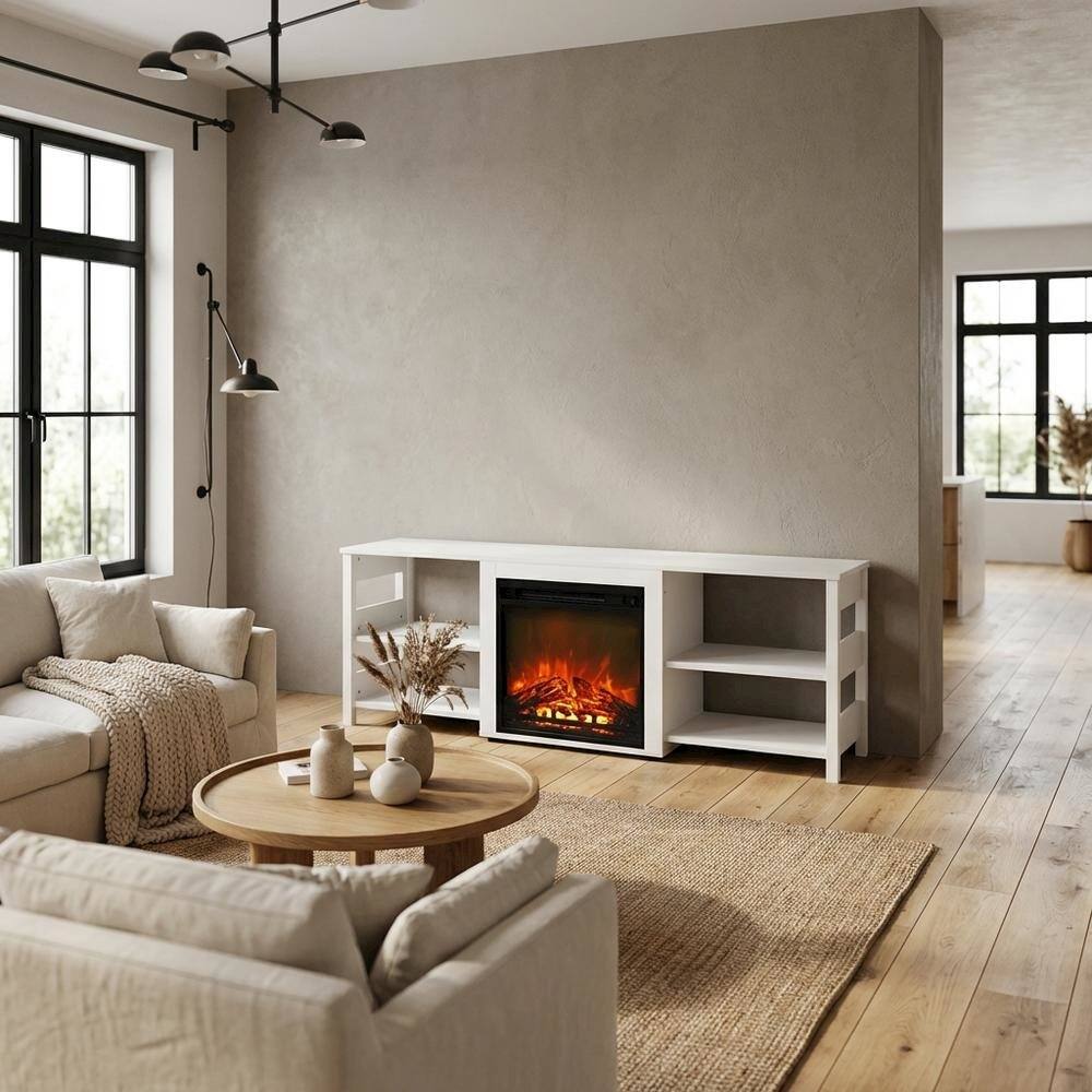 Alt View 2. FurniFact - White Emboss TV Stand with Fireplace and Wooden Finish - White.