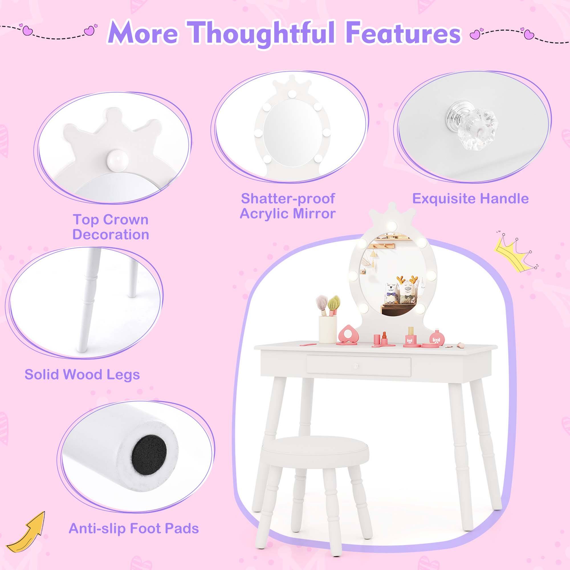 More Thoughtful Features:
- Top Crown Decoration
- Shatter-proof Acrylic Mirror
- Exquisite Handle
- Solid Wood Legs
- Anti-slip Foot Pads