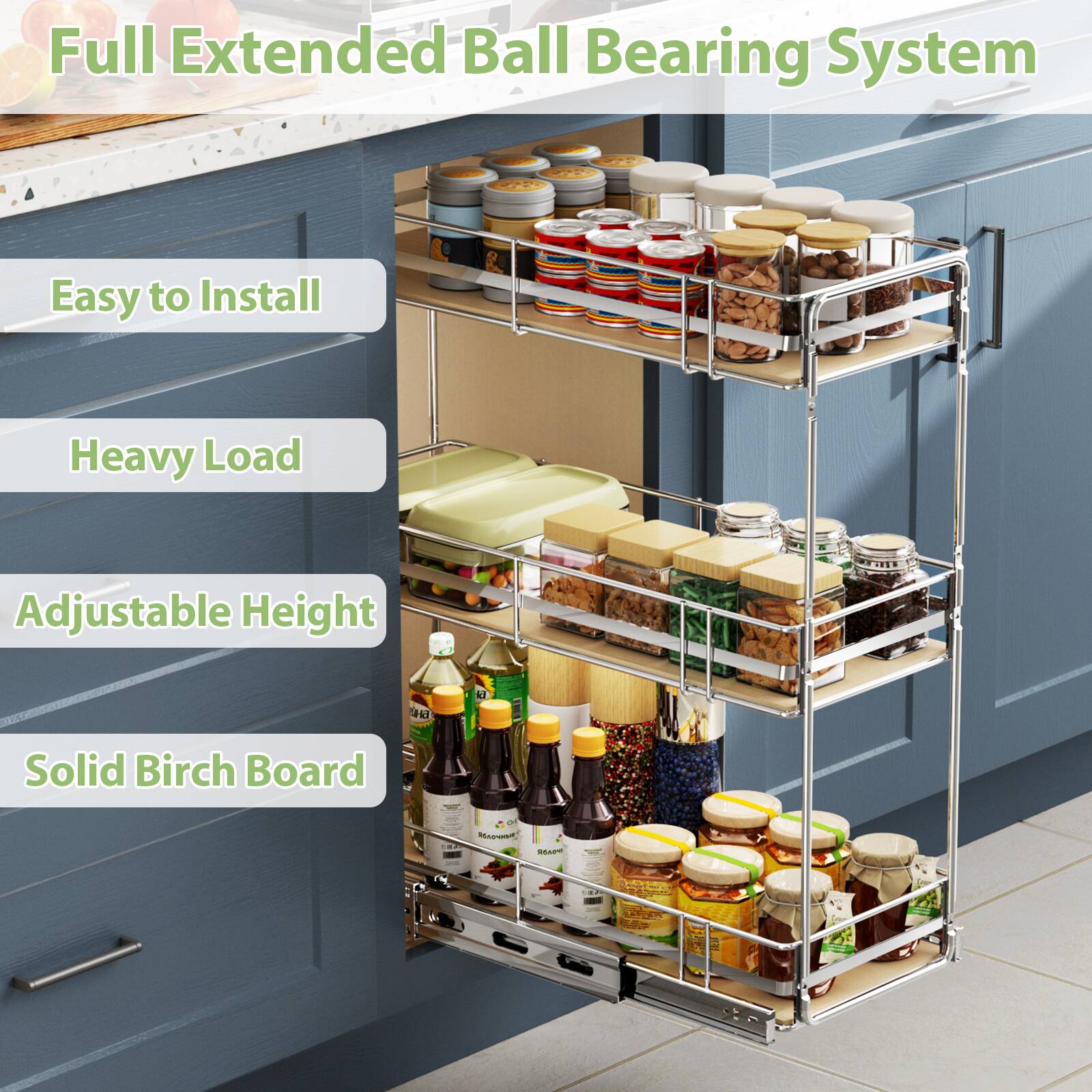Full Extended Ball Bearing System, Easy to Install, Heavy Load, Adjustable Height, Solid Birch Board