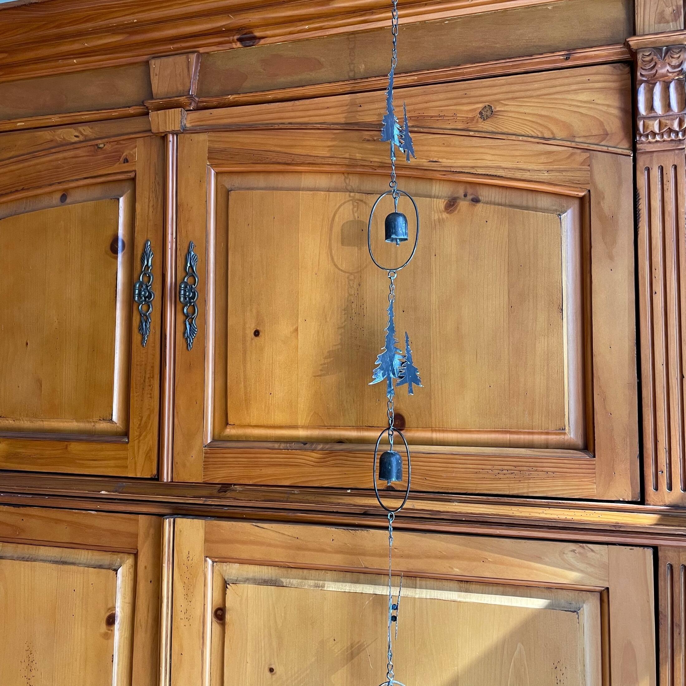 Alt View 5. Things2Die4 - 70" Metal Rain Chain - Forest Trees & Zen Bells, Aged Verdigris, 3.25" Diameter - Black.