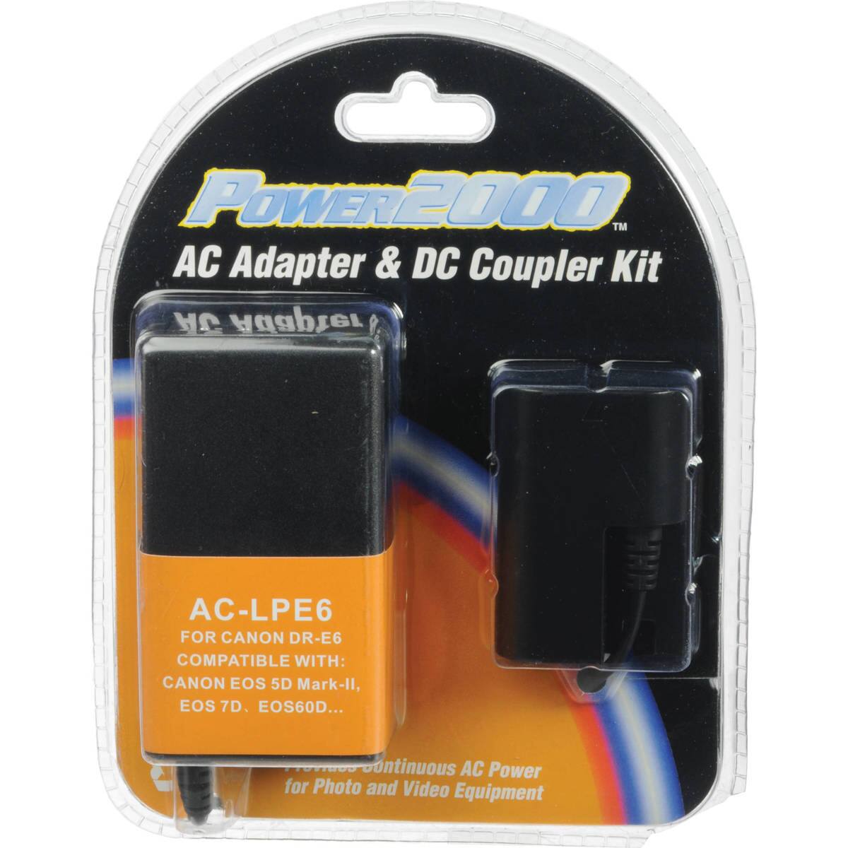 POWER2000™ AC Adapter & DC Coupler Kit HC Adapter  
AC-LPE6 FOR CANON DR-E6 COMPATIBLE WITH: CANON EOS 5D Mark-II, EOS 7D, EOS 60D...  
Continuous AC Power for Photo and Video Equipment