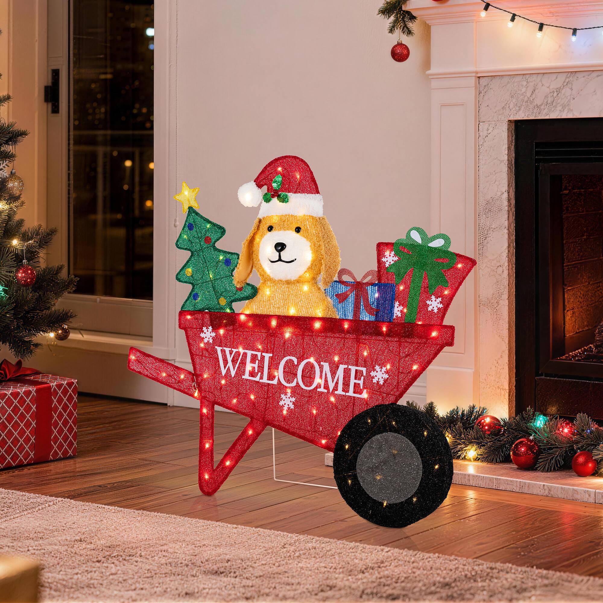 Alt View 4. Glitzhome - 39.75"L Christmas 2.5D Fabric Labrador Wheel Barrow with 90 LED Lights - Multi-Colored.