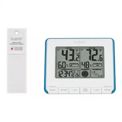 LA CROSSE TECHNOLOGY REMOTE SENSOR TEMPERATURE - HUMIDITY
LA CROSSE TECHNOLOGY GATORn
F F Y..Il 43.3 12.6
JEmE TacaN co TRCHO
HUMIDITY 60% 48%
ALMSW 48%
TIME - GALENDAR MOON PHASE TEMP. ALERT
OCT 12:34 ALERTS 10-26
INDOOR LOA CATE HEAT/DEW TIME ALARM
SEARCH SETTINGS -/LOW TEMP ALERTS +/ HIGH SNOOZE