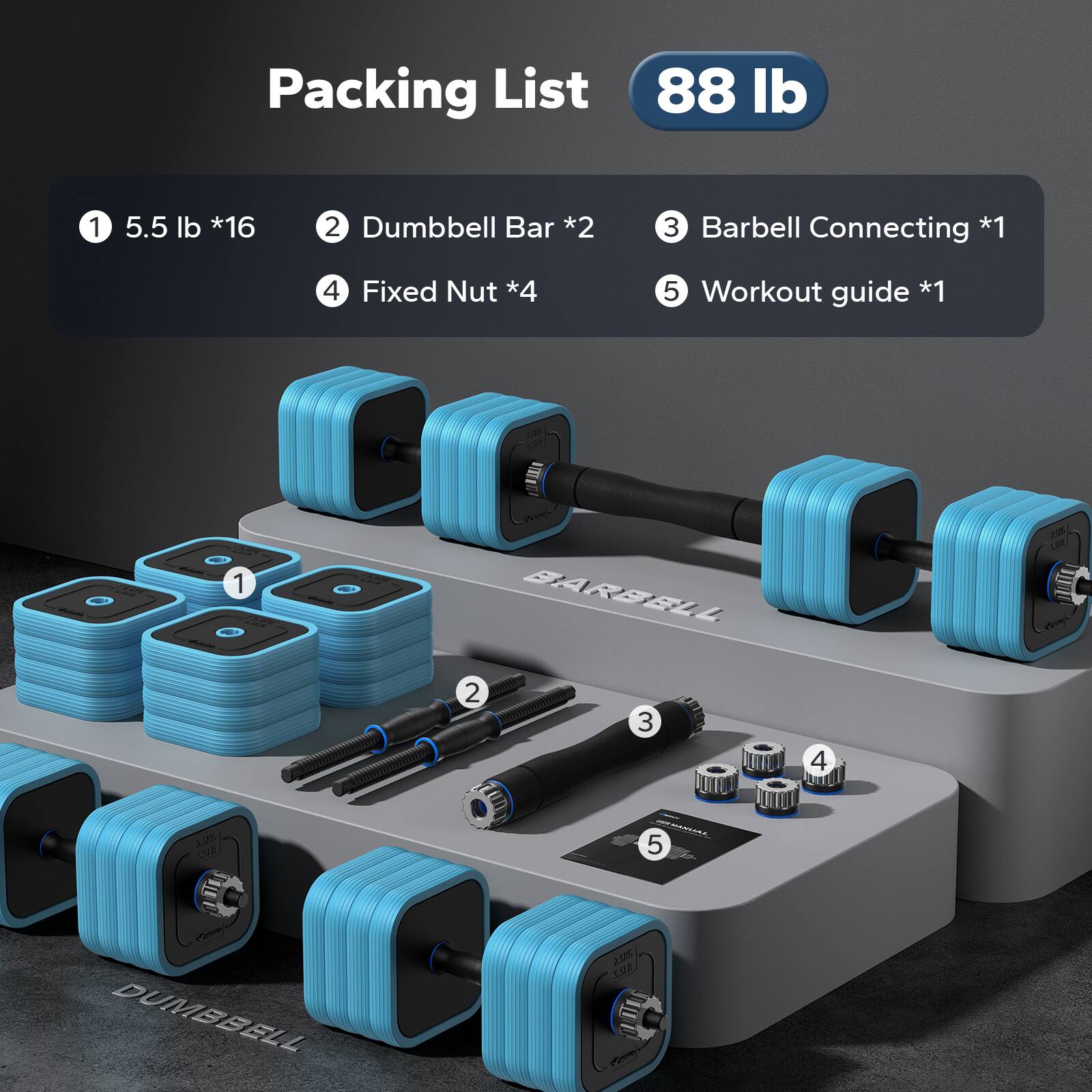 Packing List  
88 lb  

1. 5.5 lb *16  
2. Dumbbell Bar *2  
3. Barbell Connecting *1  
4. Fixed Nut *4  
5. Workout guide *1