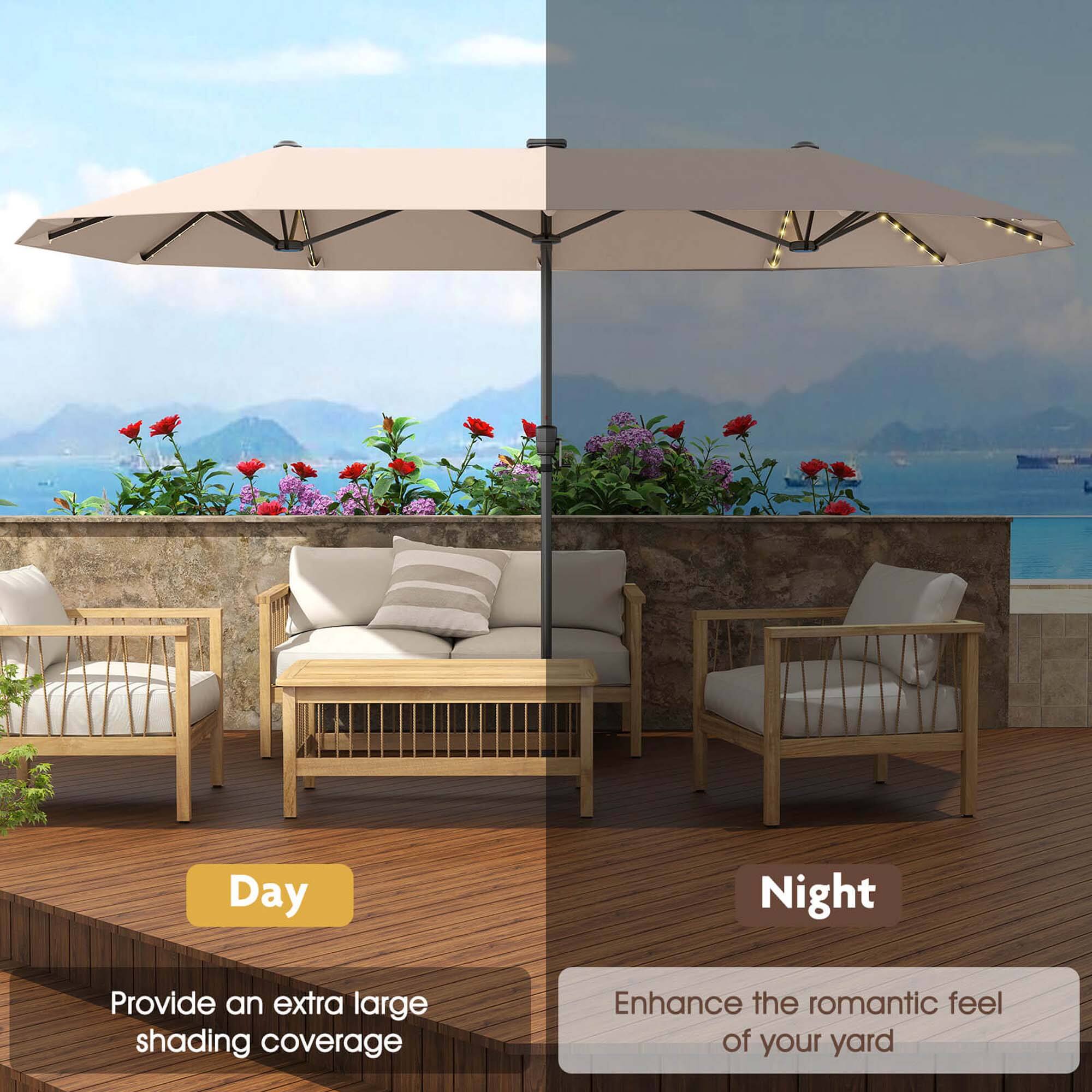 Day: Provide an extra large shading coverage.
Night: Enhance the romantic feel of your yard.