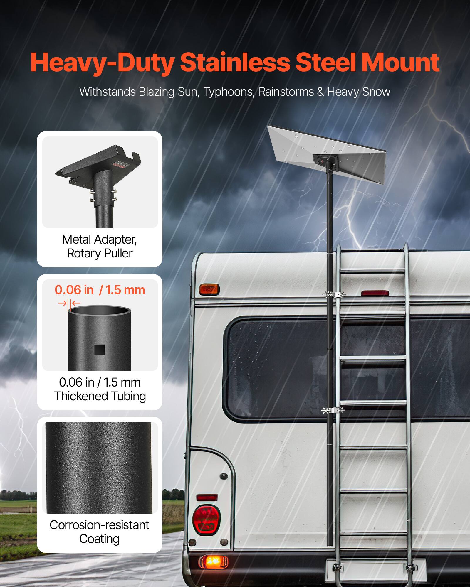 Heavy-Duty Stainless Steel Mount
Withstands Blazing Sun, Typhoons, Rainstorms & Heavy Snow
Metal Adapter, Rotary Puller
0.06 in / 1.5 mm
Thickened Tubing
Corrosion-resistant Coating