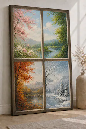 Front. FC Design - Large Ready-to-Hang 24x36"- Window View Four Seasons Art Painting Home Wall Décor - MultiColor.