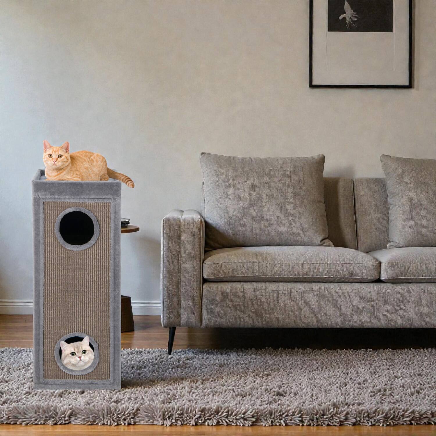 Front. BreeBe - 39" Multi-Level Cat House Featuring Scratching Columns, 3 Dens & Soft Cushion Pads - Gray.