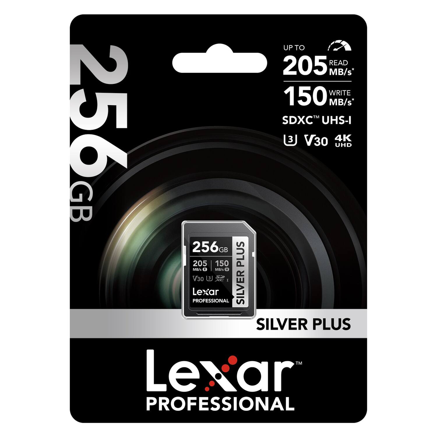 UP TO 205 READ MB/s* WRITE 150 MB/s* 256 SDXC 3 V30 M UHS-I 4K UHD GB 256GB GB 205 150 PLUS / U   V30 3  I PROFESSIONAL Lexar SILVER PLUS Lexar PROFESSIONAL