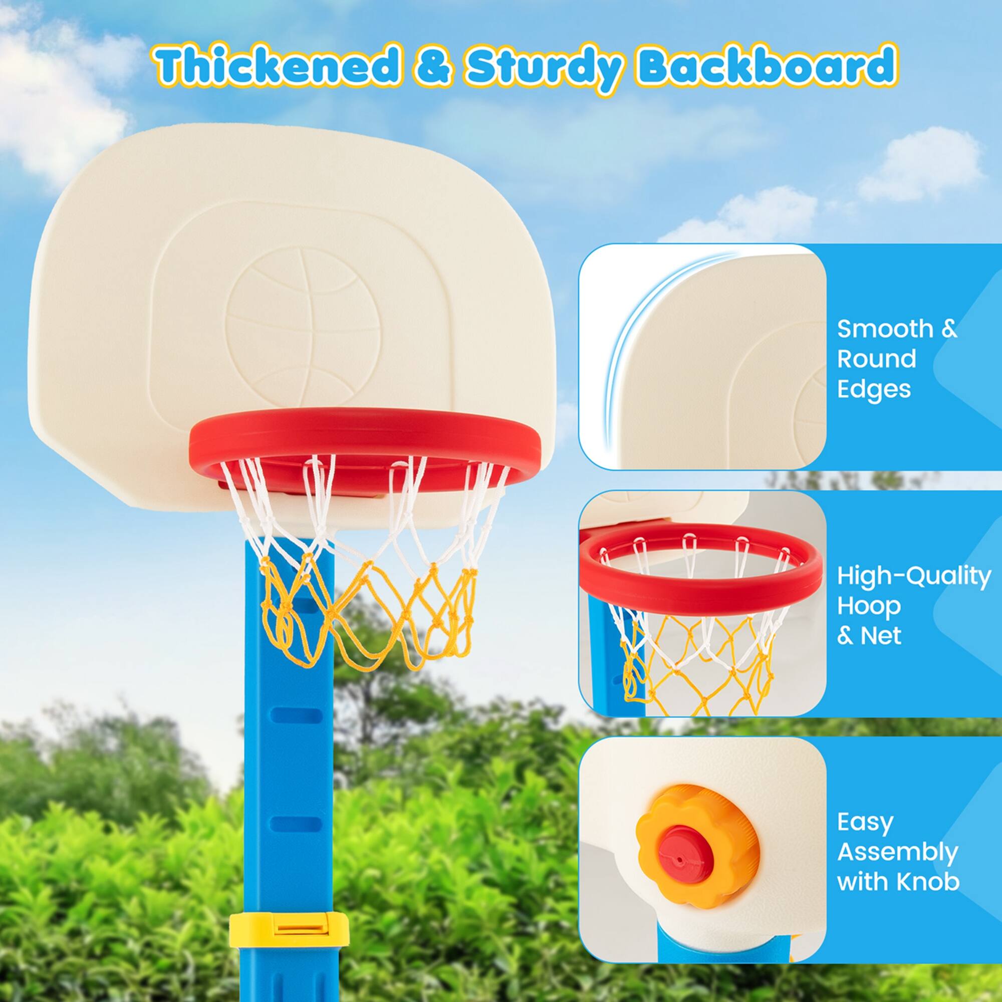 Thickened & Sturdy Backboard, Smooth & Round Edges, High-Quality Hoop & Net, Easy Assembly with Knob